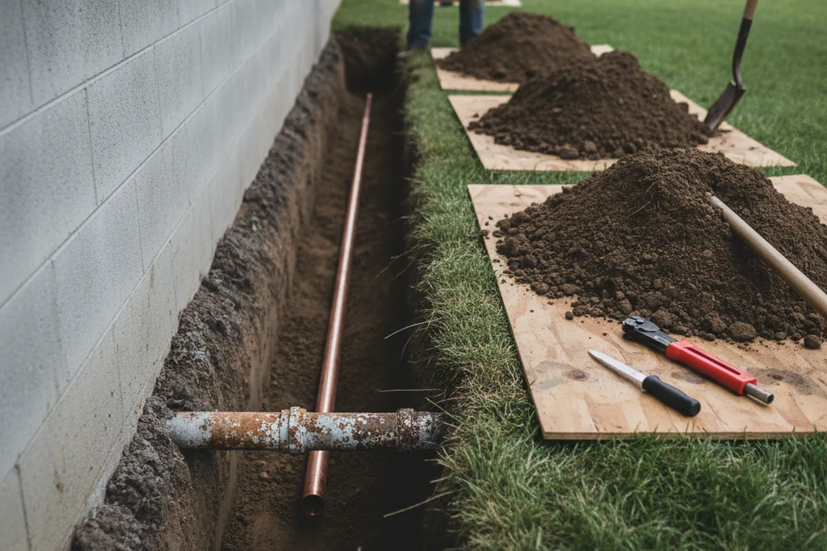 Excavated water line trench during Water Heater Repair in Milroy